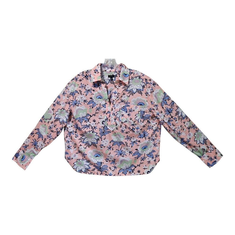 TALBOTS Women's M Blouse V-Neck Pink Blue Starlight Floral Relaxed Cotton 44"